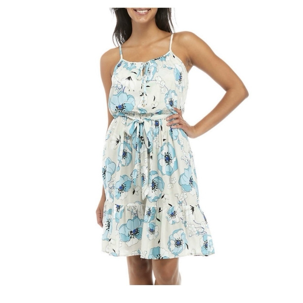 Calvin Klein Size 14 Blue Sleeveless Floral Challis Flounce Hem Dress Pocket NWT
